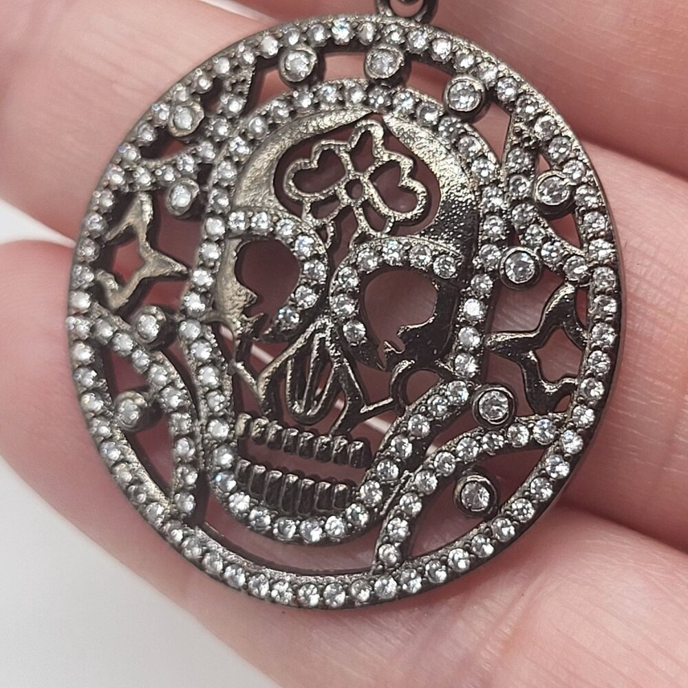 Marlyn Schiff Sugar Skull Rhinestone Pendant Necklace Gunmetal - Picture 7 of 10